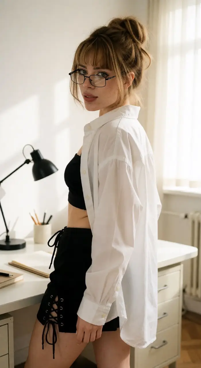 Laine as a secretary at a desk